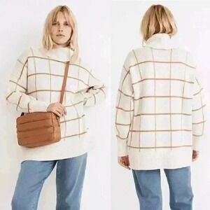 Madewell Women's Pearldale Turtleneck Sweater Merino Wool Windowpane Beige Camel
